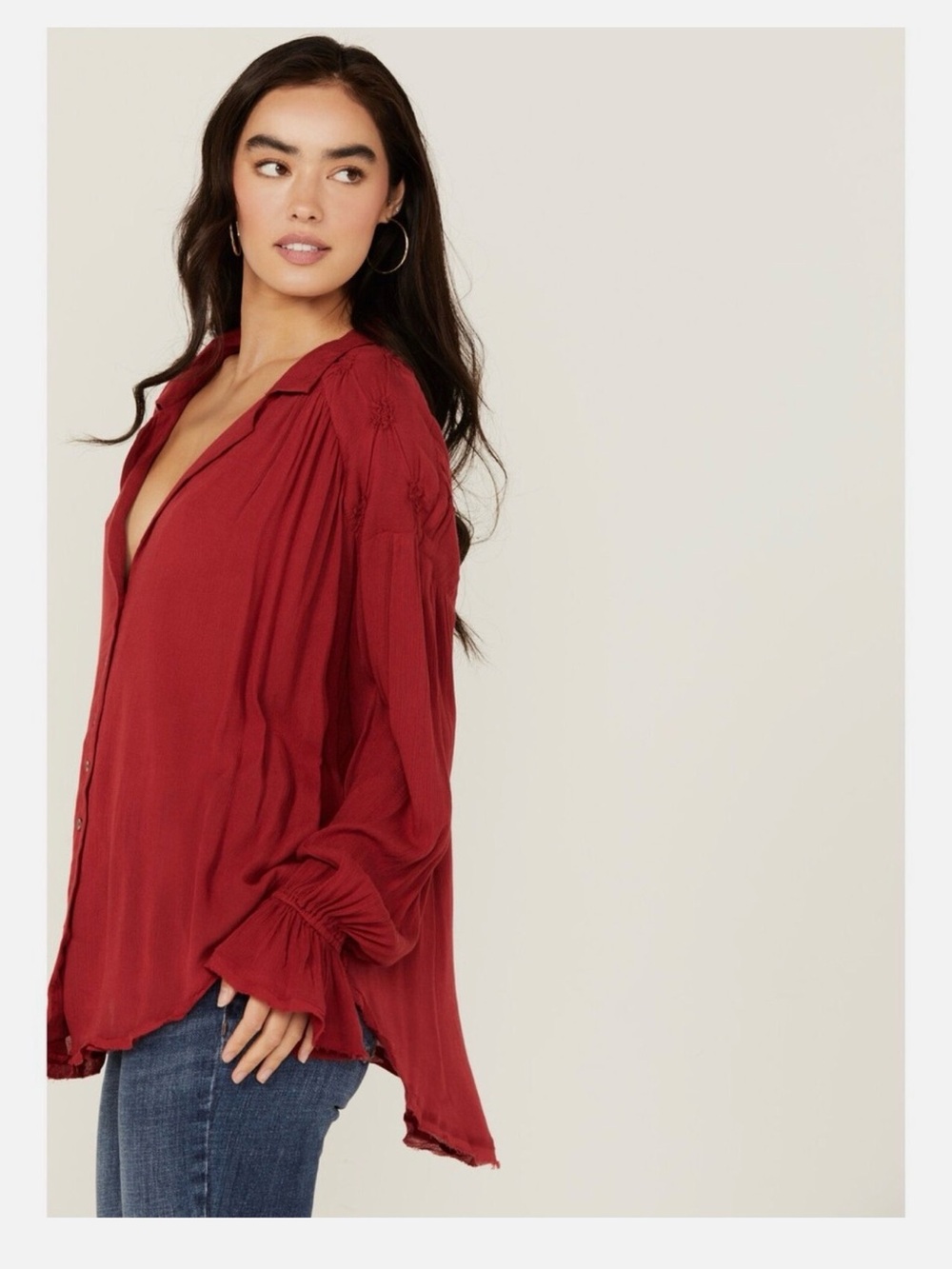 Free People Olivia Smocked Gauze Blouse XS Boho Balloon Sleeve Wine Red